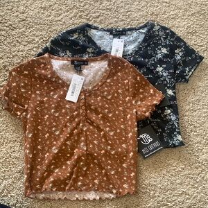 Miss Chievous Two Printed Short Sleeve Button Front Lettuce Edge Henley tops